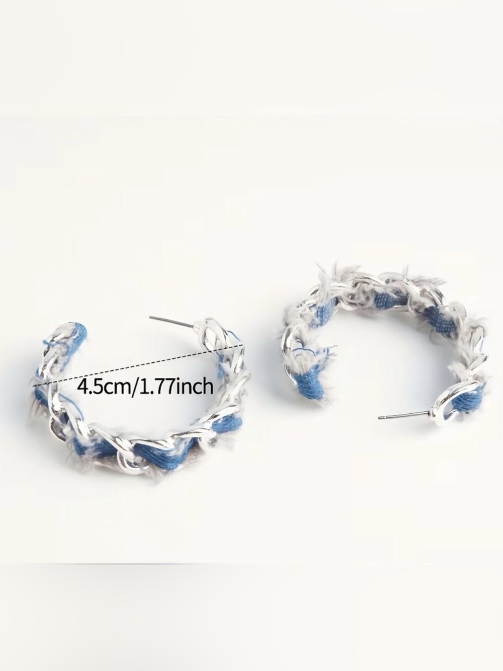 Silver Chain Hoop Earrings with Blue Denim Weave - 1.77in - Picture 3 of 3